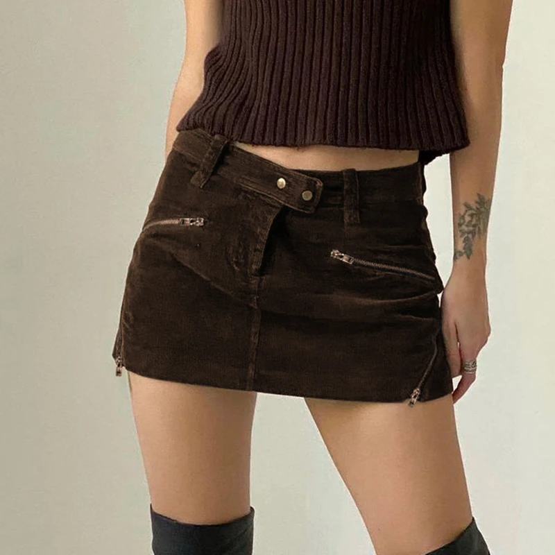 

Preppy Vintage Corduroy Mini Skirt Y2K Fairycore Cute Zipper Design Straight Skirt 00s Aesthetics Harajuku Grunge Streetwear