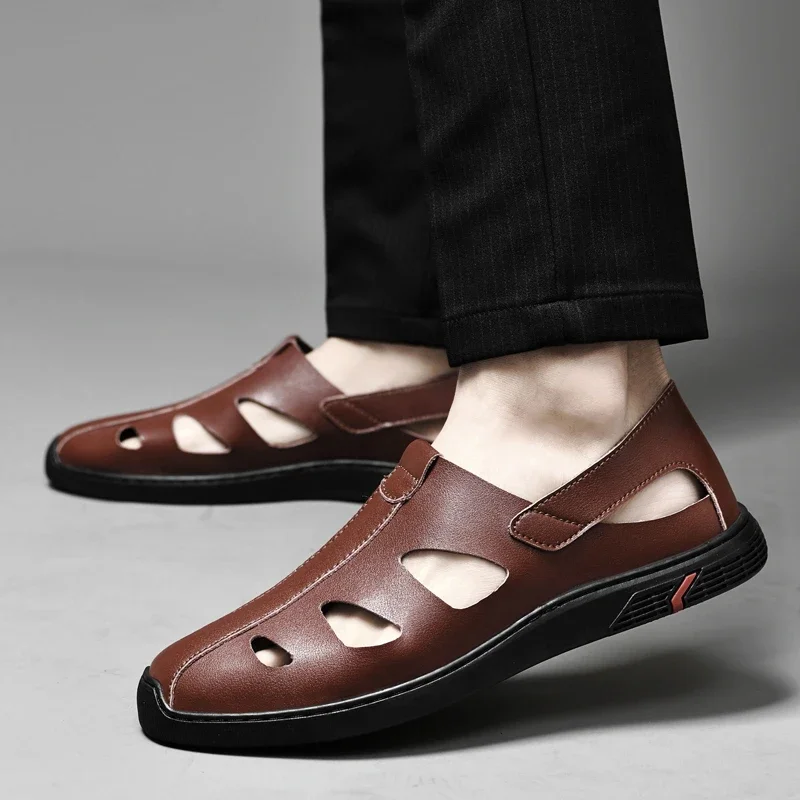 

Summer Men Shoes Black Slippers High Quality Men Genuine Leather Casual Shoes Loafers Flip Flops Lightweight Soft Flats Sandals