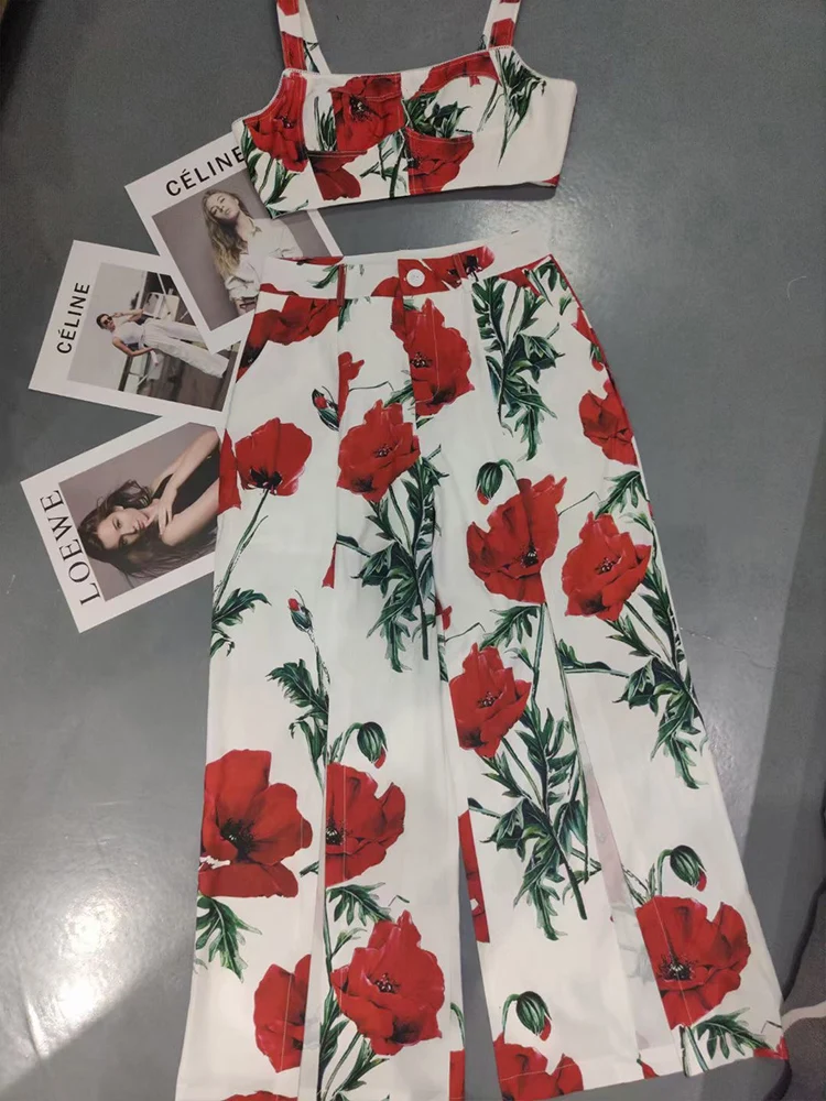 

High-grade summer new design printing short-sleeved shirt short blouse+high-waist wide-leg pants fashion two-piece suit