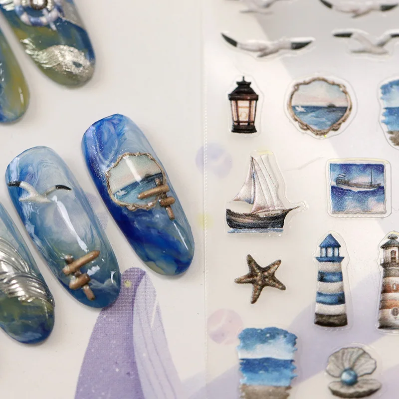 5D Realistic Relief Sailboat Life Buoy Anchor Watchtower Navigator Logbook Adhesive Nail Art Stickers Decals Manicure Charms nail stickers nail art tools nail decals