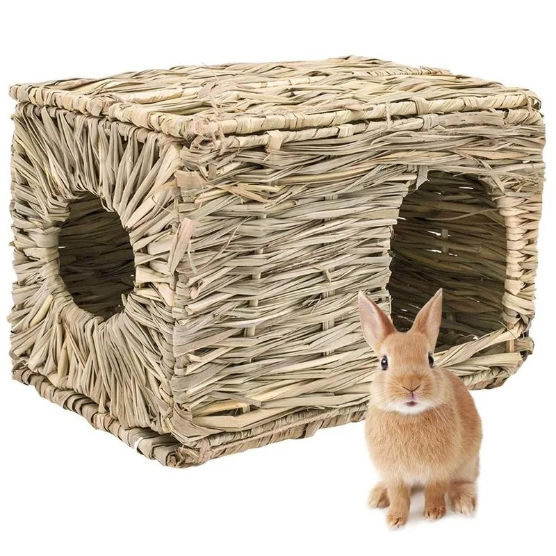 Foldable Woven Grass Pet Rabbit Hamster Guinea Pig Cage Nests House Chew Toy MJ72811