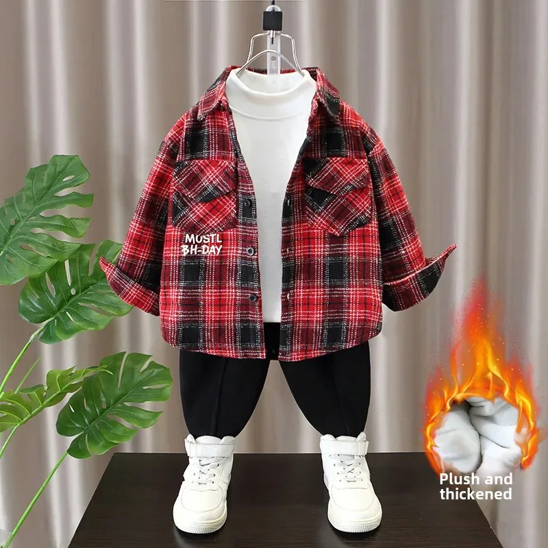 Thickened Flannel Children's Shirt Winter Plaid Patterned Casual Inner Wear for Boys Warm Outerwear Versatile Casual Top