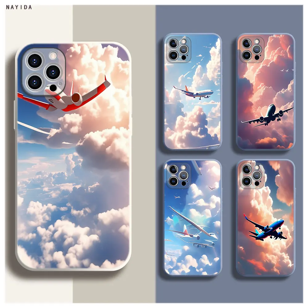 Custodia Per Telefono Per Iphone 15 14 13 11 12 Mini Pro Max Tpu Bag Soft Silicone New Cover Aircraft Airplane Fly Travel Cloud Sky