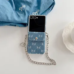 Kawaii Bow Knot Denim Phone Case with Card Holder and Lanyard - Galaxy Z Flip5 (LIGHT BLUE)