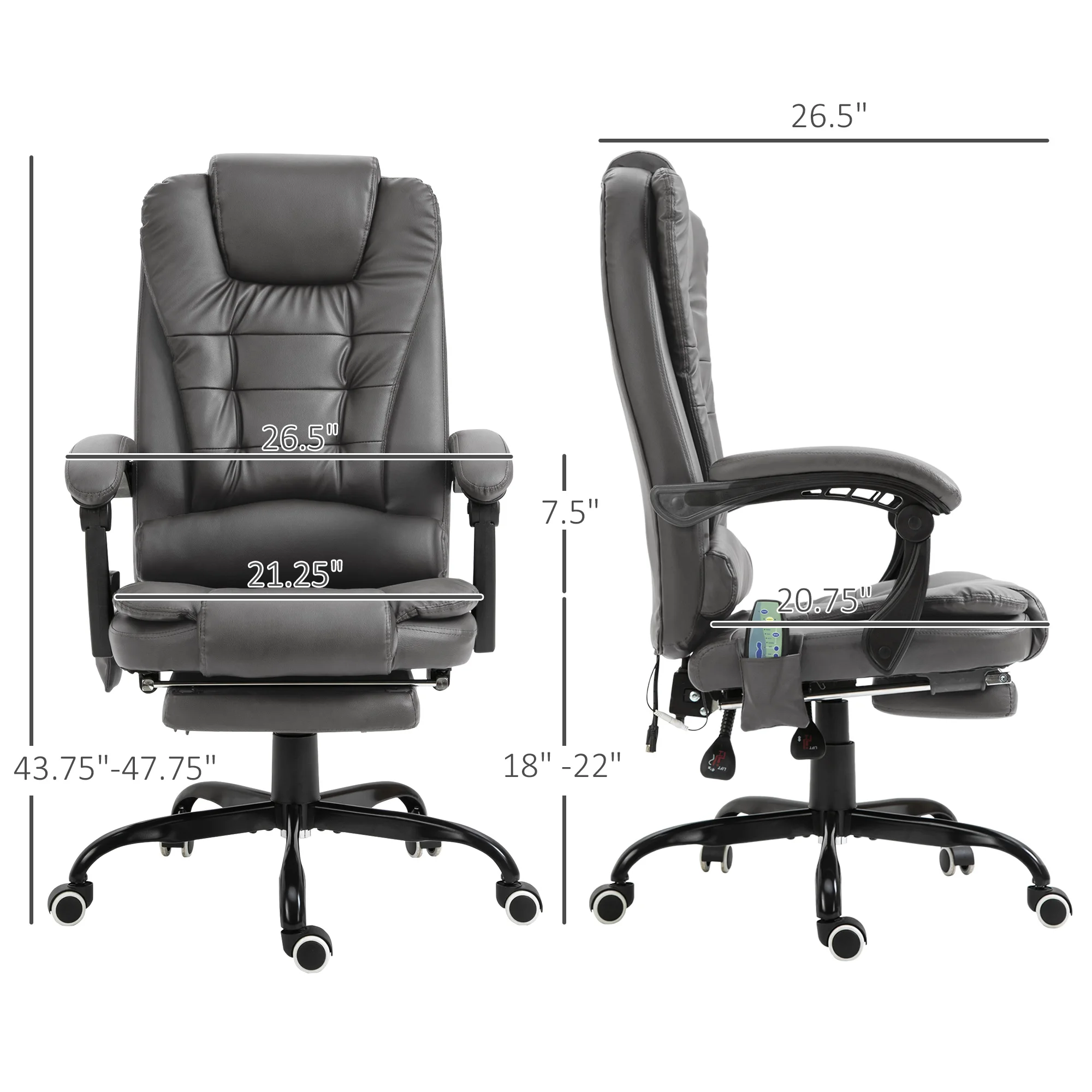 Pu Leather Massage Computer Chair W/ Padded Seat and Adjustable Height, Grey 3