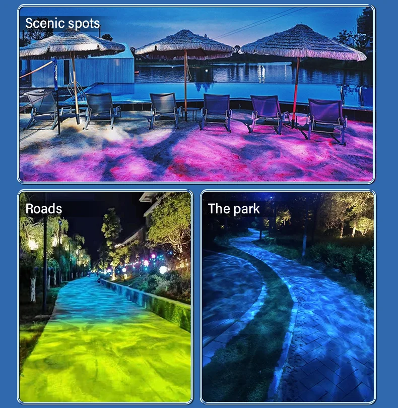 Collage of nighttime scenes: top left shows a resort pool with loungers and umbrellas under blue lights, enhanced by an Ocean Wave Projector; bottom left depicts a glowing green pathway.