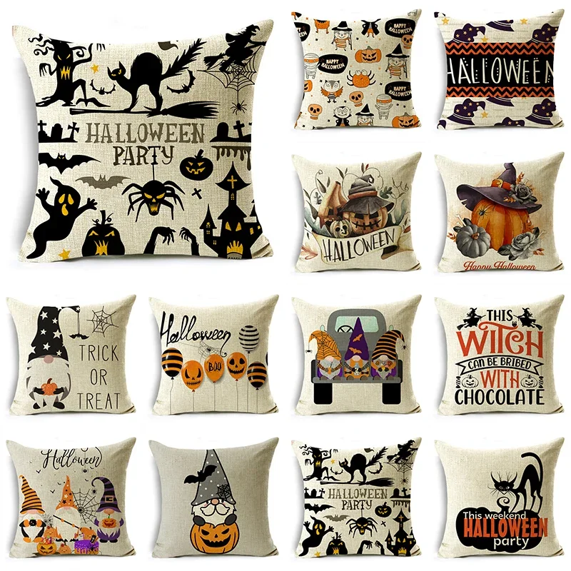 

Fashion Halloween Cartoon Dwarf Cat Pumpkin Pattern Linen Throw Pillowcase Decorative Cushion Cover For Sofa Living Room Party