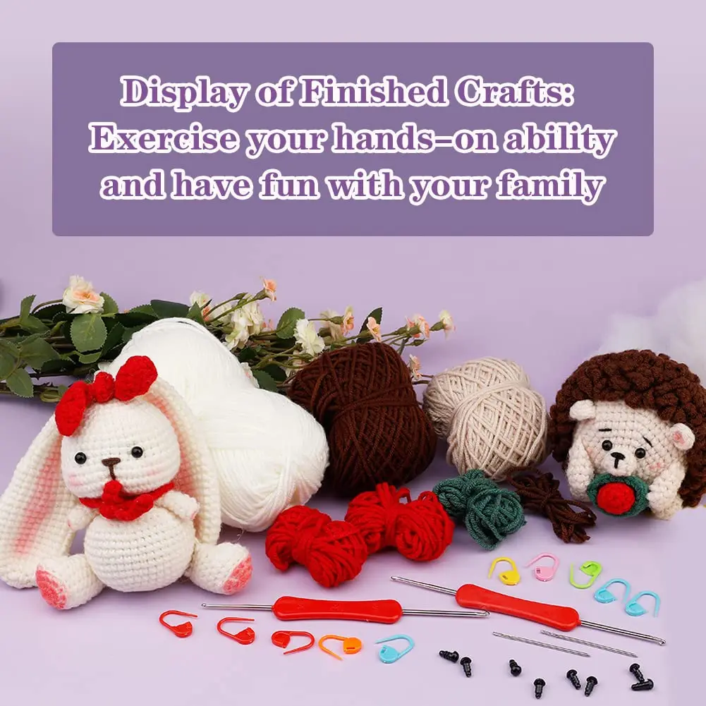 Fenrry Hedgehog and Rabbit Crochet Kits DIY Beginners With Yarn Balls Stitch Markers Needles Instruction Accessories