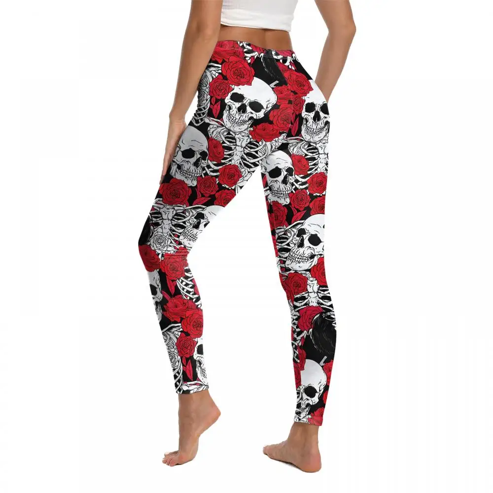 Nadanbao Halloween-Leggings mit Blumen- und Totenkopf-Motiv, Damen-Hosen mit hoher Taille, weiche, elastische Hosen, Hosen für den Tag der Toten. – Detail 5