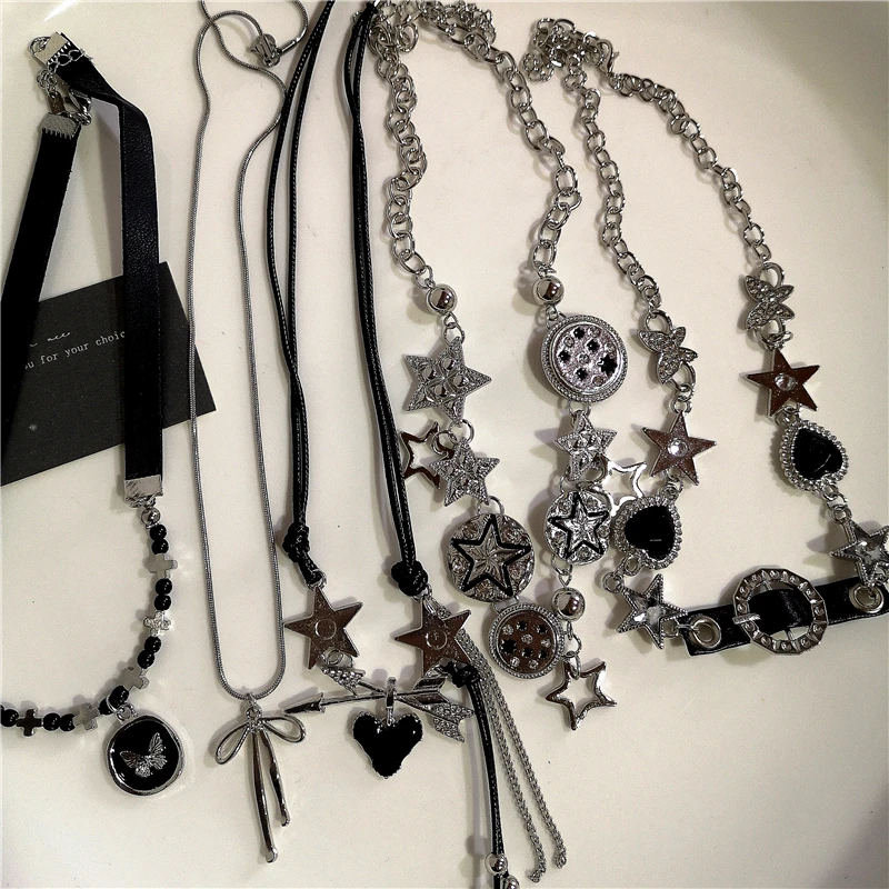 Koreanische Mode Stern Pentagramm Bowknot Anhänger Halskette Für Frauen Männer Schwarz Seil Kette Choker Y2K Schmuck Punk Grunge Zubehör