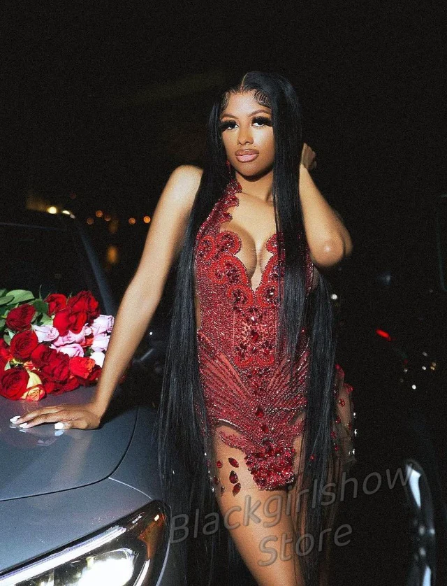 Luxury Diamante Red Short Cocktail Dress For Black Girls Sexy Glitter Beaded Crystal Rhinestone Vestidos De Fiesta Custom