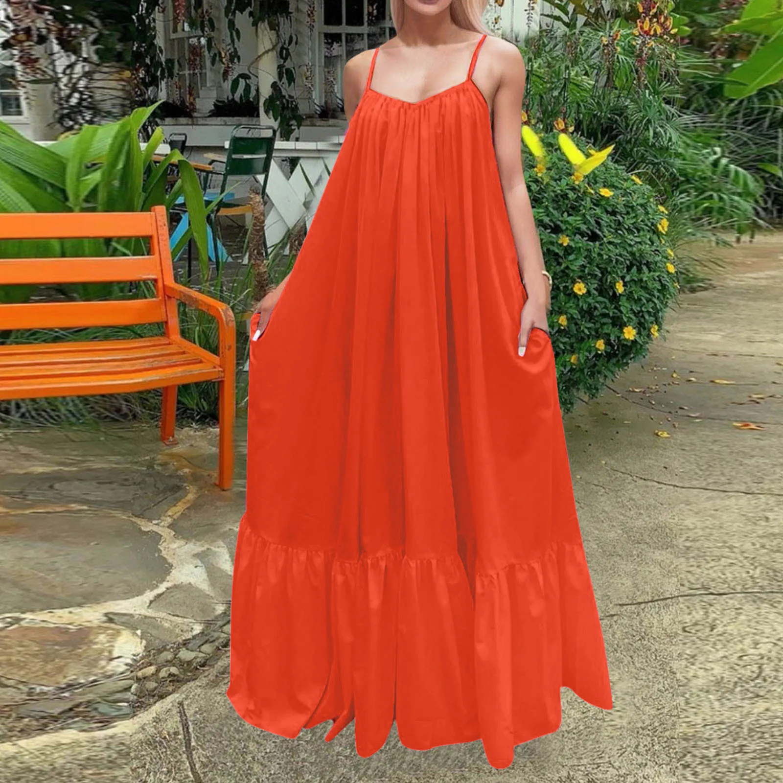 thumbnail image 1 of Vestido largo informal de verano para mujer, liso, con tirantes anchos y espalda descubierta y bolsillos, largo hasta el suelo, 1 of 5