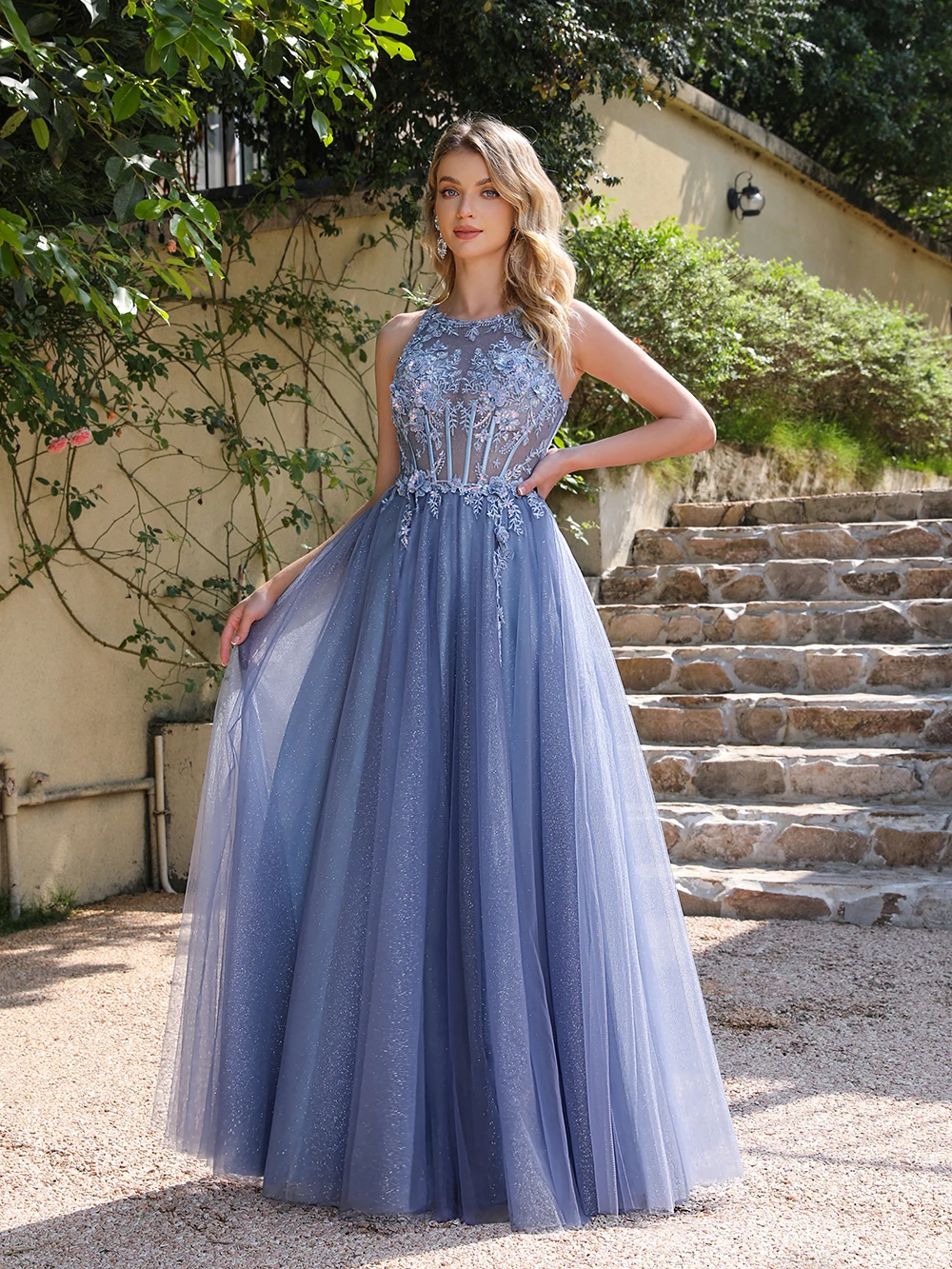 Soft Shiny Tulle Evening Dresses Elegant Appliques Sexy Backless Fish Bone Illusion Prom Formal Party Gowns Evening dresses
