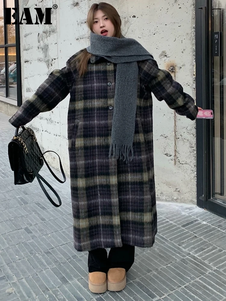 

[EAM] Loose Fit Purple Plaid Big Size Long Woolen Coat New Lapel Long Sleeve Women Jacket Fashion Autumn Winter 2024 1DH2837
