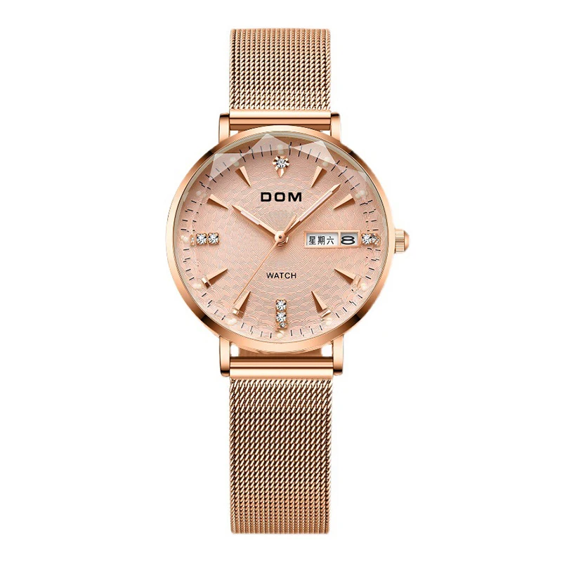 DOM Ladies luxury leisure exquisite rose gold watch women's waterproof quartz watch fine steel women's watch Ladies Gift G-1676G