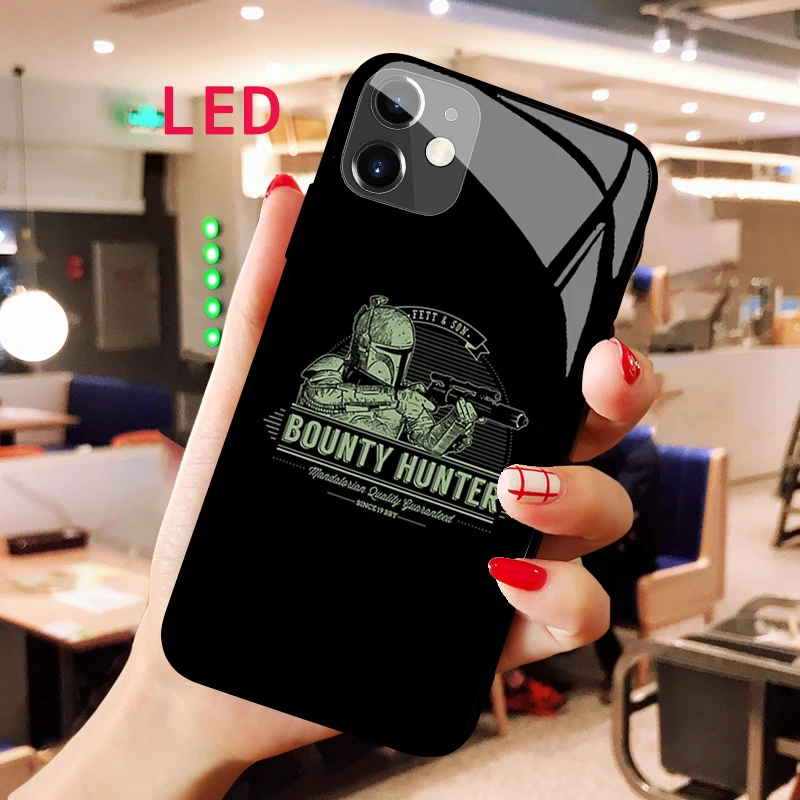 Star Wars Boba Fett Luminous Tempered Glass phone case For Apple iphone 13 14 Pro Max Puls mini Fashion LED Backlight new cover luazon для iphone 12 mini с отсеком под карты текстиль кожзам красный