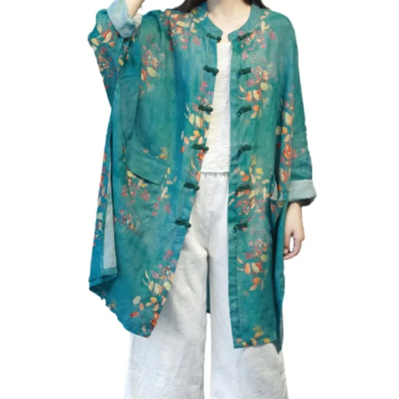 New Chinese Style Retro Cardigan Elegant Tea Clothing Ramie Printing Coat Top
