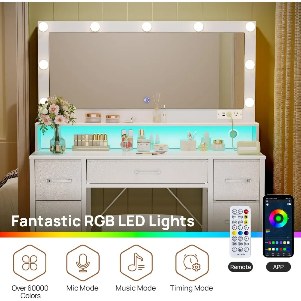 Vanity Desk with Mirror and Lights, Makeup Vanity with Upholstered Vanity Stool,Fabric Drawers,9 Dimmable LED Bulbs,Vanity Set 5