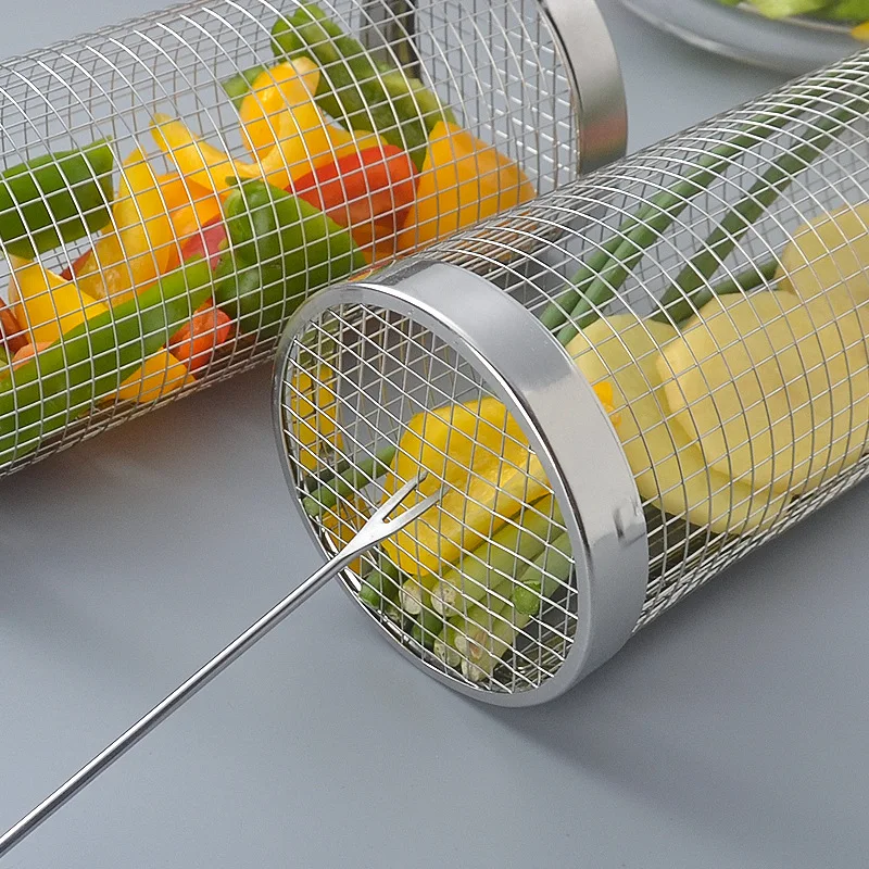 BBQ Basket Stainless Steel Rolling Wire Mesh Cylinder Basket Portable Round Outdoor Camping Rack Barbecue Kitchen Utensils Bar
