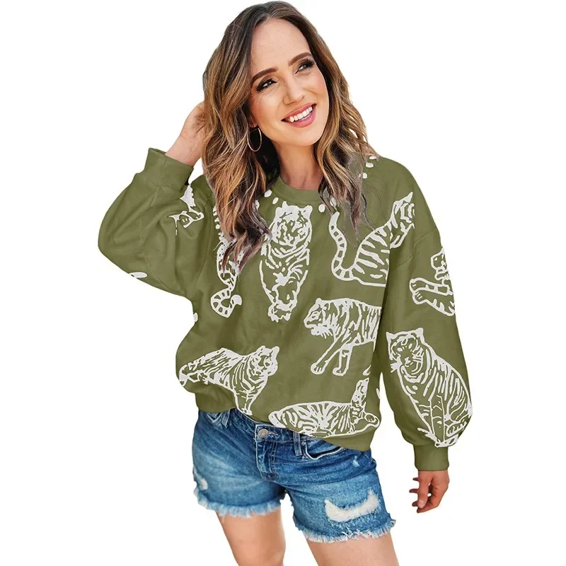 2024 New Women's Pink Tiger Print Pullover O Neck Sweatshirts Loose Casual Tops Indie Spring Autumn Fashion Pullovers NASY0008