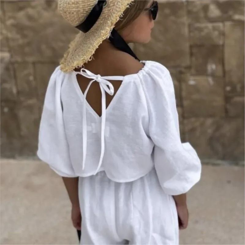 Set di vestiti in cotone di lino per neonata camicia + pantalone 2 pezzi Set di abbigliamento per bambini per neonati in tinta unita vestiti per bambini primaverili 1-7Y - immagine 3