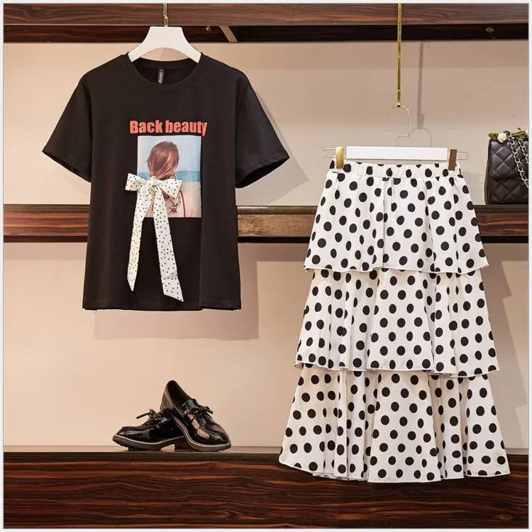 Summer Korean Version New Chubby MM Dress Women's Set Loose Oversized Short Sleeved Top+skirt Two-piece Set Trend