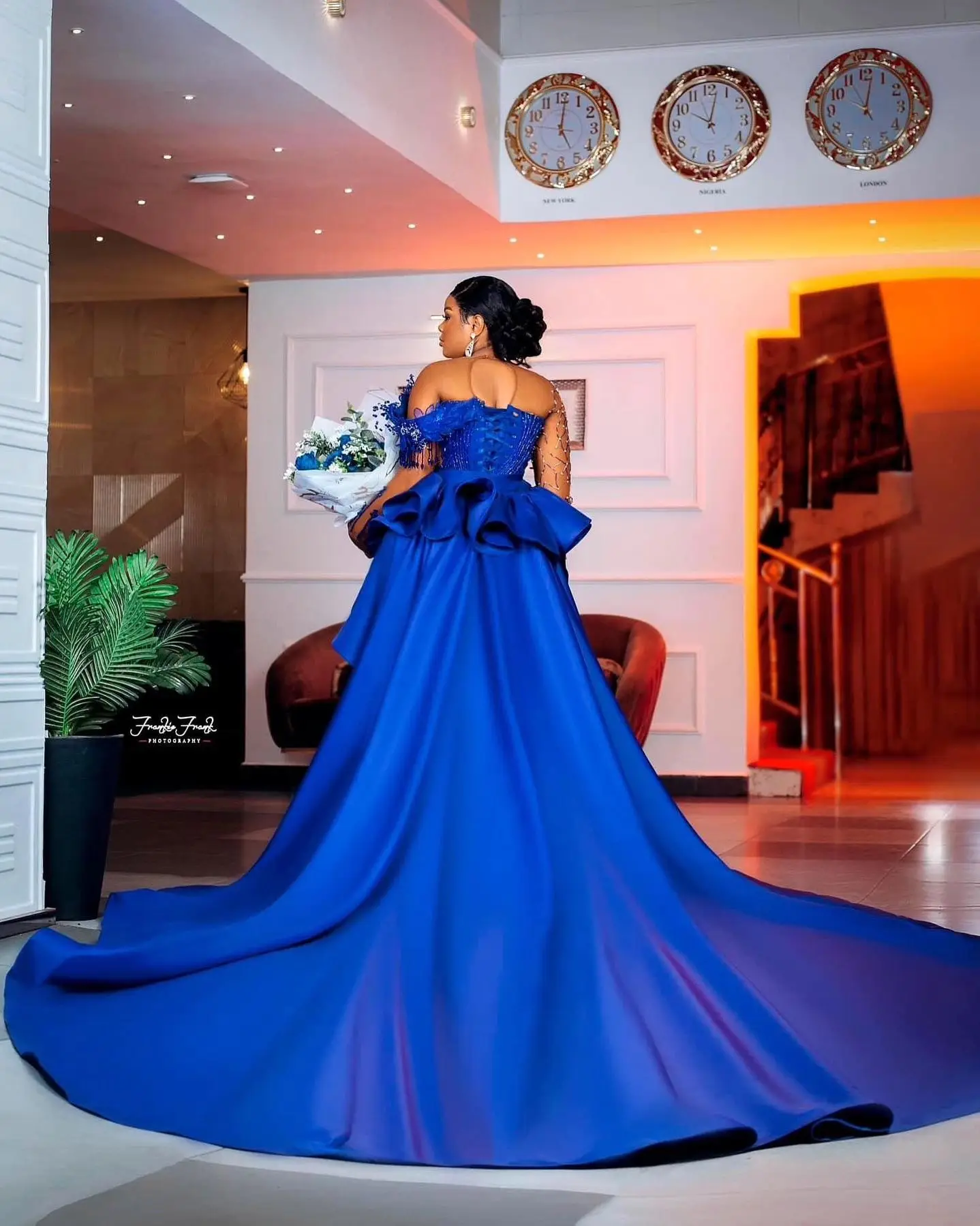 African Royal Blue Beaded Lace Mermaid Wedding Gowns With Detachable Train Shiny Aso Ebi Long Prom Dresses Full Sleeves Gowns