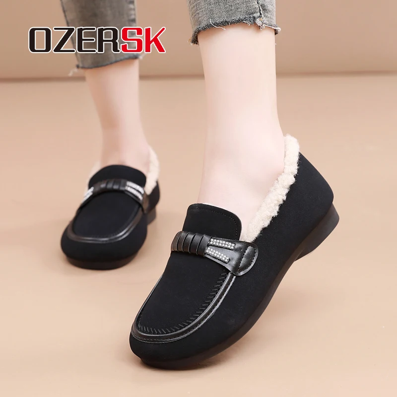 OZERSK Fashion Casual High Quality Winter Warm Fur Outdoor Comfortable Slip On Loafers Plush Versatile Flats Shoes For Women