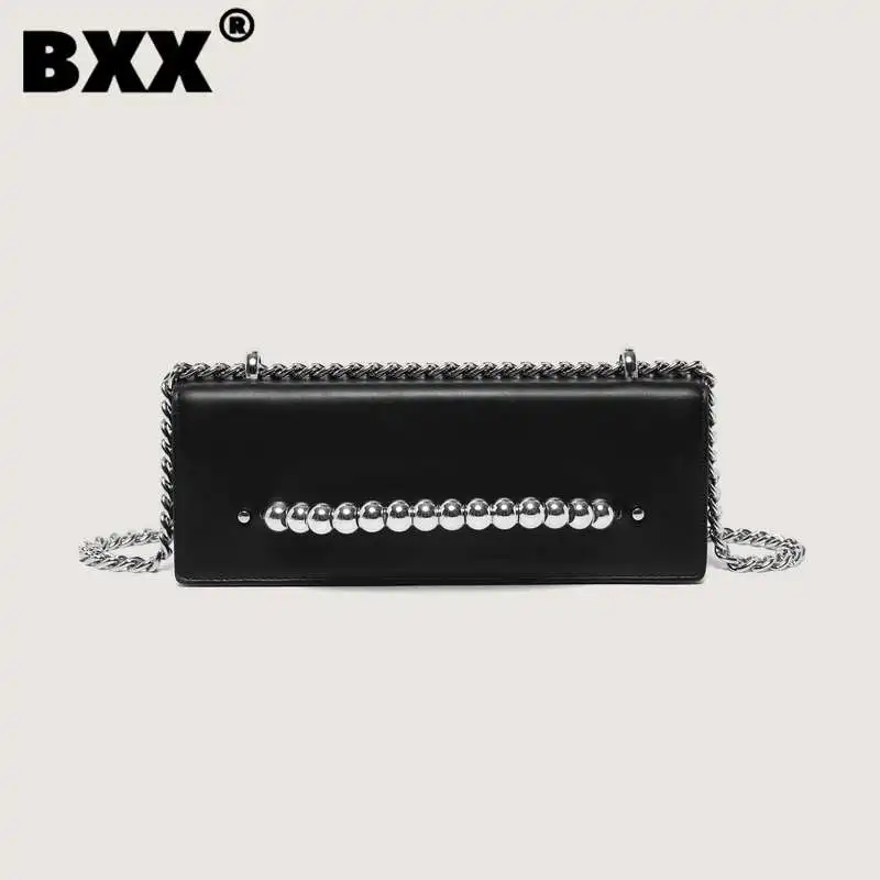 

[BXX] Fashion Niche Design Women's Bag Chains Sliver Beading Rivet Single Shoulder Underarm Bags Solid Color Square Bag 8CY632