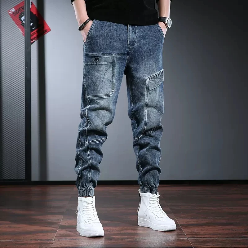 Men's Black Cargo Pants Jeans Fashion Baggy Harem Pants Autumn Winter Streetwear Casual Elastic Waist Denim Trousers CP2090