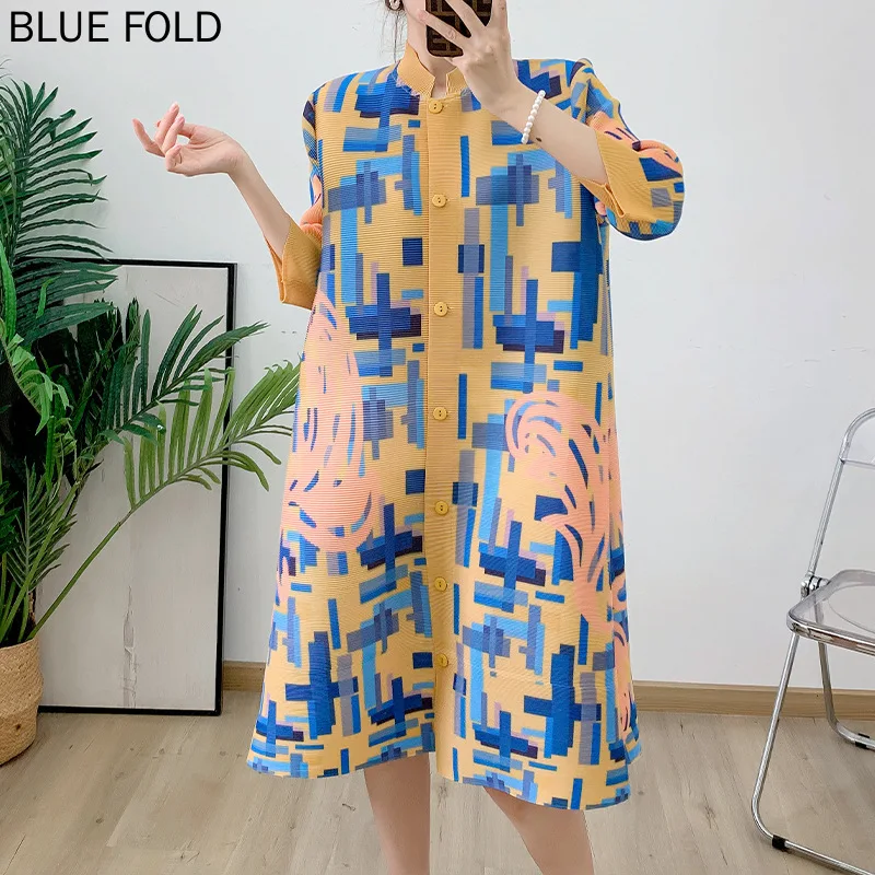 

Женский плиссированный тренчкот миаке, тонкое пальто с воротником-стойкой, однобортный Топ средней длины с рукавом три четверти для весны и лета