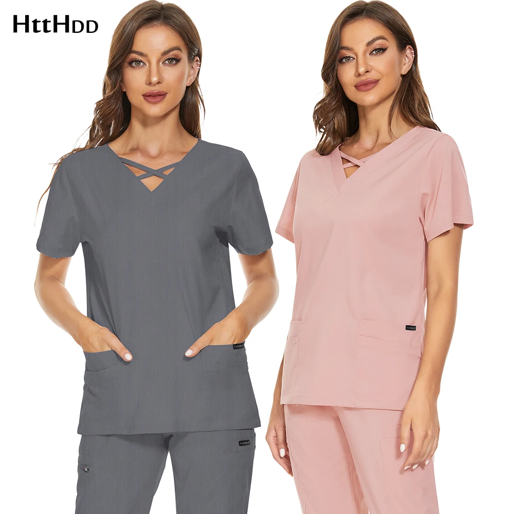 Mens Scrub Nurse Uniform Scrubs Shirt Short Sleeve Working Clothes Nurse Uniform Blouse Medical Uniformes Top Accessories