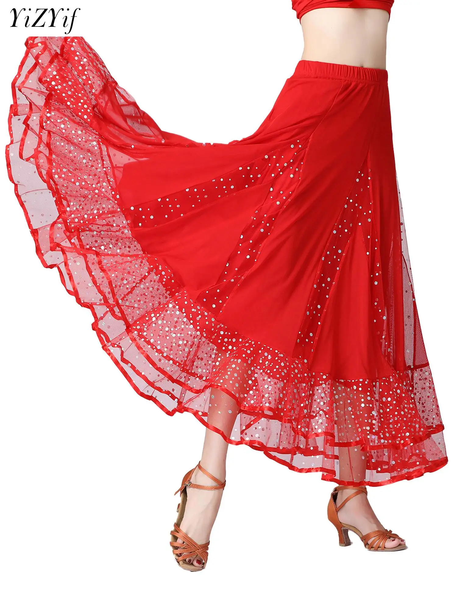 

Women's Folk Dance Skirt Sequins Tulle High Waist Long Skirts Ballroom Modern Dancing Performance A-Line Swing Skorts Dancewear
