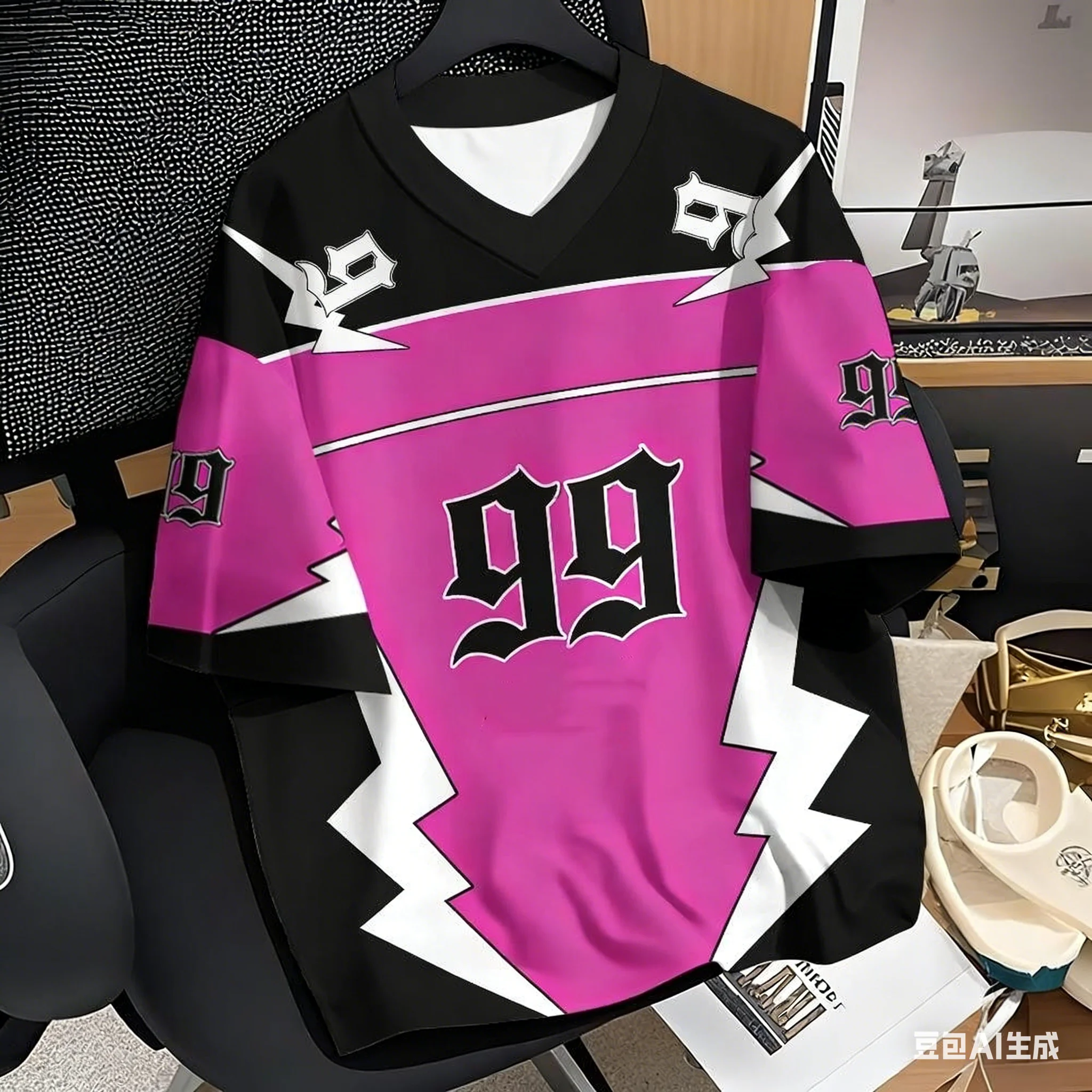 Paar Outfits Nummer 99 Farbblock-Druck T-Shirt Kurzarm Sport Lose Jersey T-Shirt Vintage Oversize Gestreifte T-Shirts Kleidung – Detail 4
