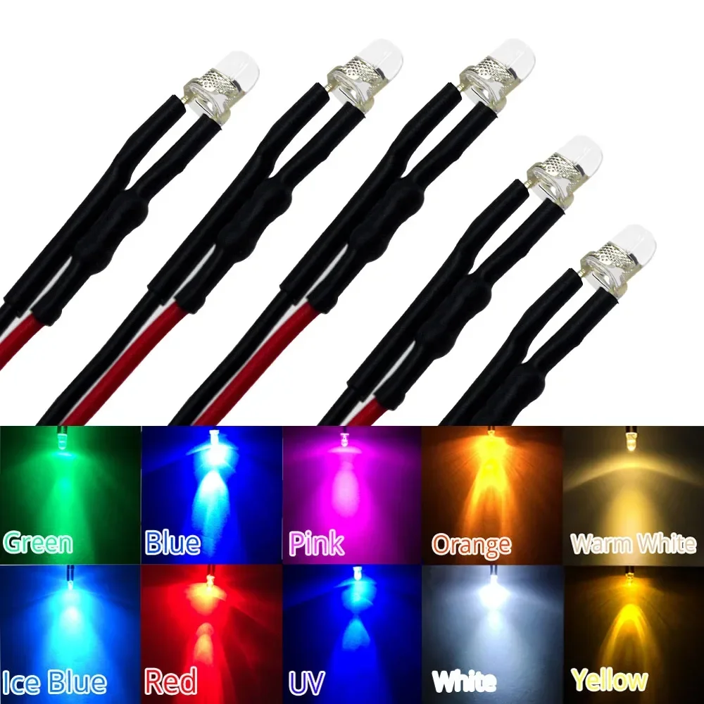 5X Min F3 3mm 20cm Pre Wired LED Round Light Lamp Bulb Chip Beads Cable DC 12V White Warm Red Green Blue Yellow Emitting Diodes cable cashmere heathered blue плед