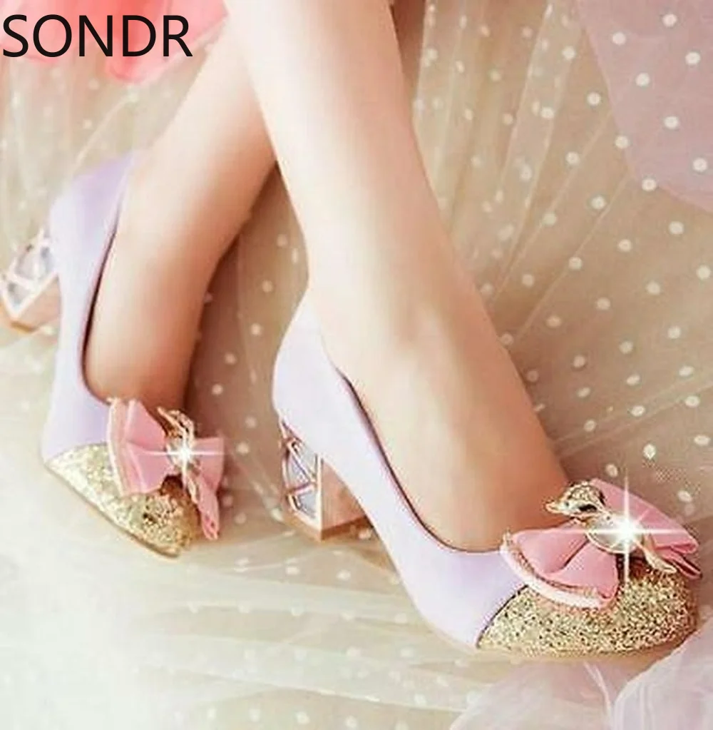 

Womens Sequines Rhinestones Bow Knot Bling Lolita Med Block Heels Lolita Princess Shoes Mary Janes New 4Colors Plus Size
