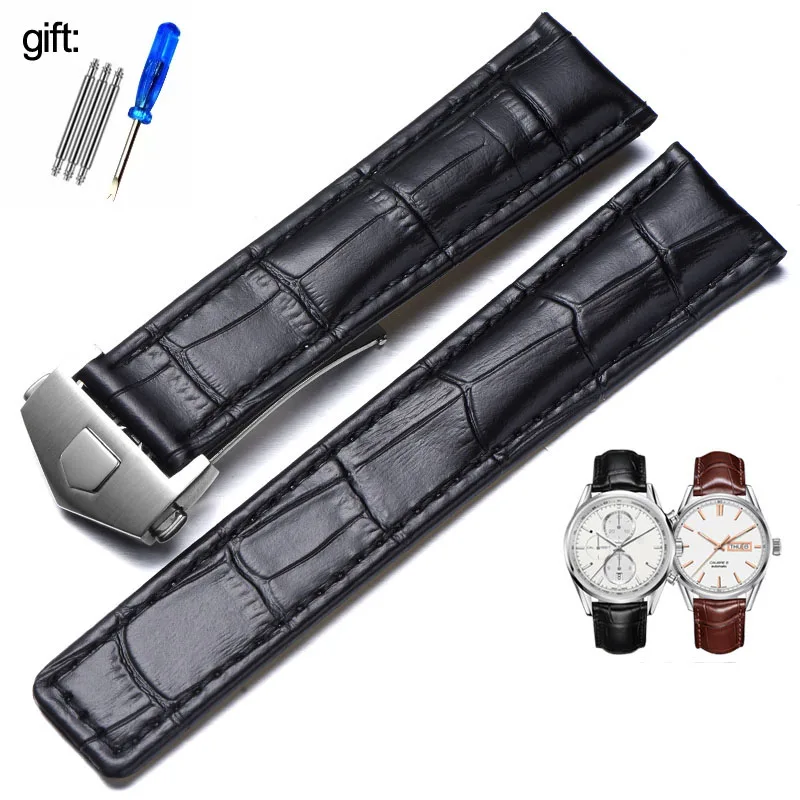 Elegant Genuine Leather Watch Strap - Black/Brown, 19mm-22mm