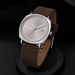 TOMI Men's Minimalist Fashion Quartz Watch with Leather Strap and Calendar (Brown silver)