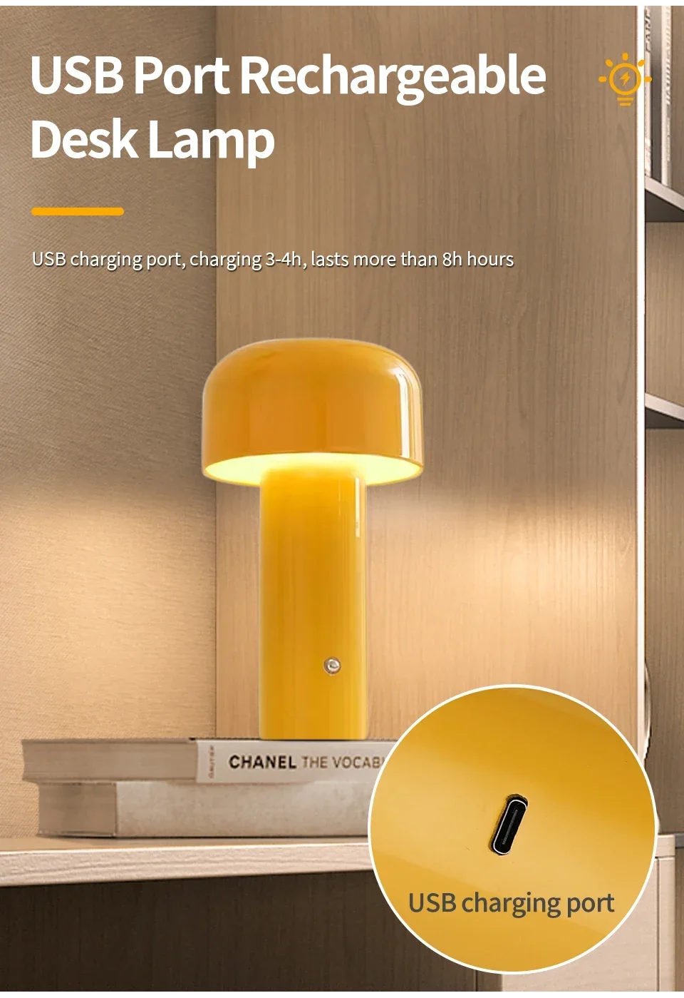Description Picture 6 of itemClassic Mushroom Table Lamp Rechargable Night Light Touch Sensor 3 Colors Dimmable Creative Ambient Light Bar Room Decor Lamp