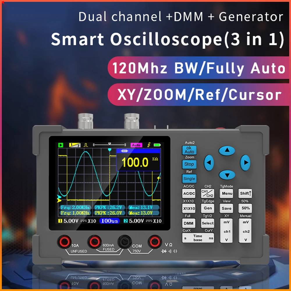 3in1 Digital Oscilloscope Multimeter Signal Generator Dual Channel 120Mhz Bandwidth 250MSa/s Sampling Rate Handheld Oscilloscope