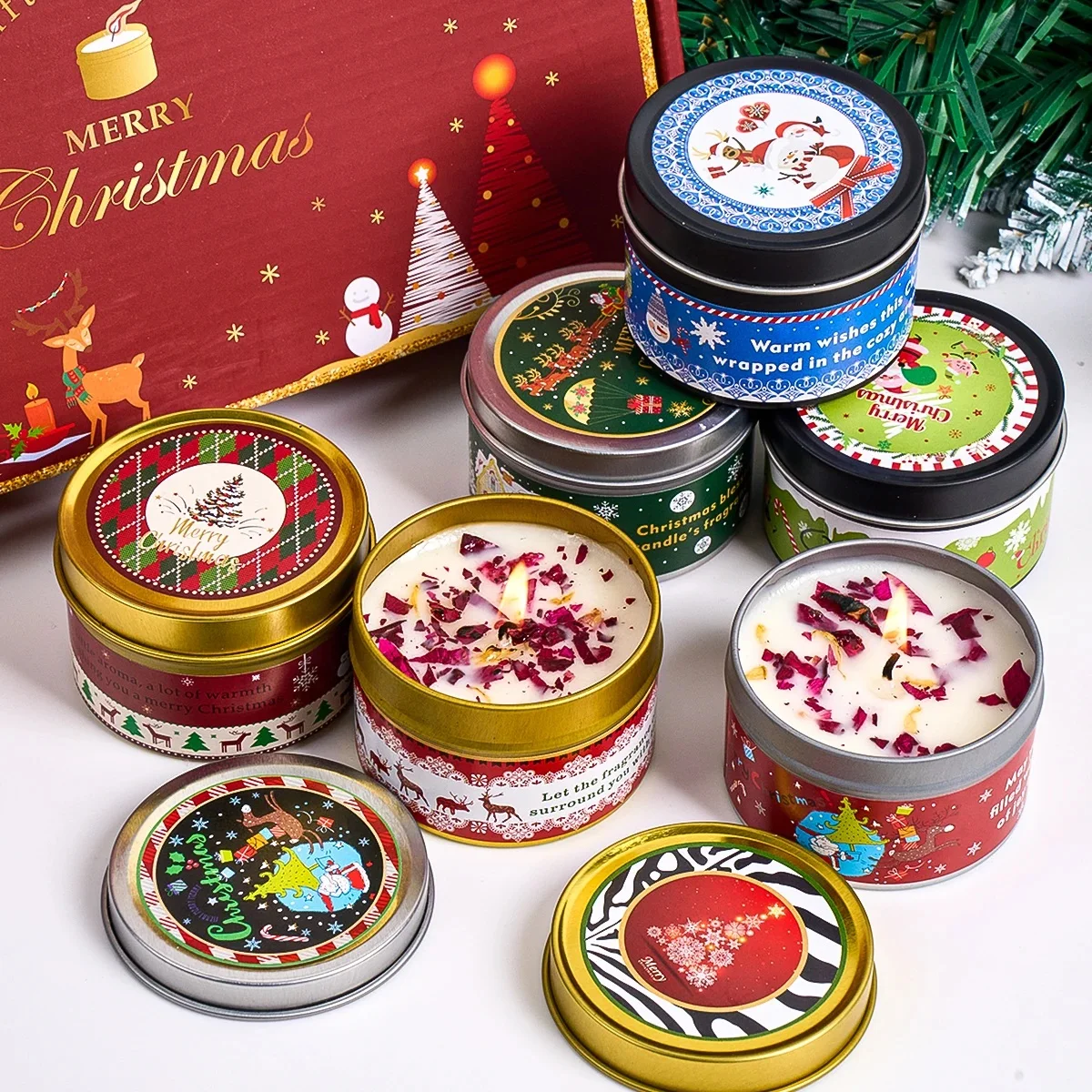 Festive Aromatic Soy Candle Set with Dried Flowers