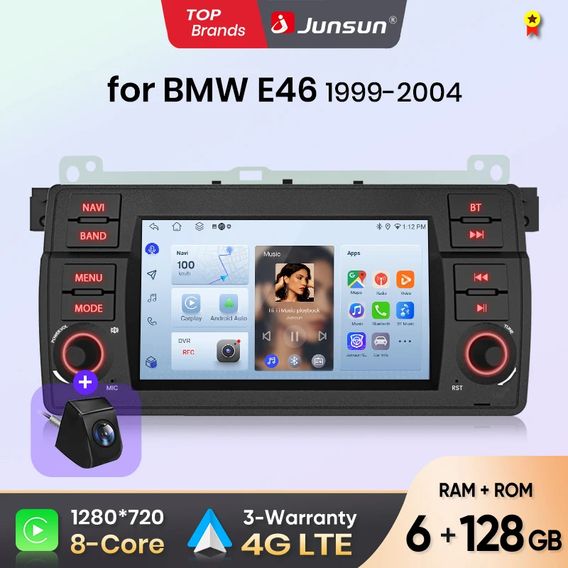Radio para Auto Junsun de 7 Pulgadas con CarPlay Inalámbrico y Android Auto para BMW E46 M3 318 320 325 330 335, Sistema Multimedia Inteligente con Apple CarPlay Inalámbrico, Pantalla Táctil IPS, Reproductor de Video Estéreo, Autoradio 2 Din, Navegación, BT, GPS, 4G, WIFI, FM, AM, DSP, RDS, SWC 1