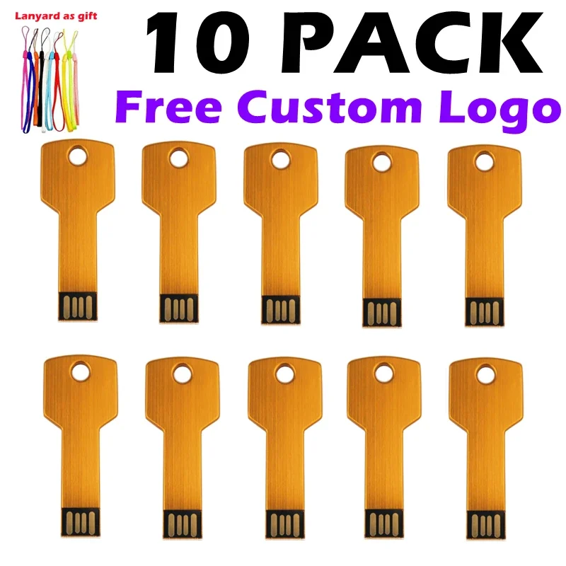 thumbnail image 1 of 10 unidades/lote de memorias USB 2.0 con forma de llave de metal y logotipo personalizado, de 4 GB, 8 GB, 32 GB, 16 GB, regalo de empresa, 1 of 5