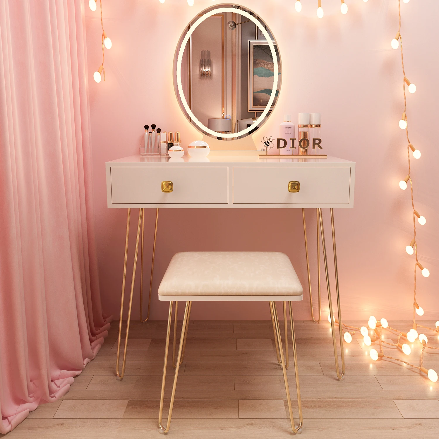 Coiffeuse avec Miroir LED, Table Meuble de Maquillage avec 2