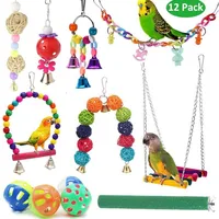 12pcs Pack Bird Toy Cage Bird Accessories Wood Parrot Toys Bird Toy Swing Suspension Bridge Ball Cage Bells Pet Supplies Set 1