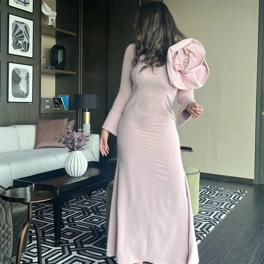 

2024 High Quality Square Collar Mermaid Flower Celebrity Dress Long Sleeve Ankle Length Formal Evening Gowns Prom Dresses