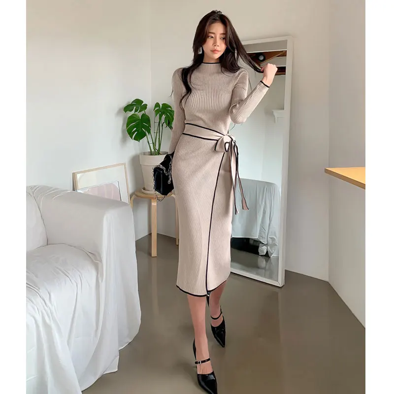 

Корейское винтажное трикотажное платье с бантом, элегантное осеннее платье с длинным рукавом и коротким высоким воротником, цельное лоскутное платье с резинкой, платье 2023