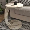 C Shaped End Table for Couch Small Places, Faux Marble White Space Saver Round Side Table for Sofa and Bedside with Wheels 1