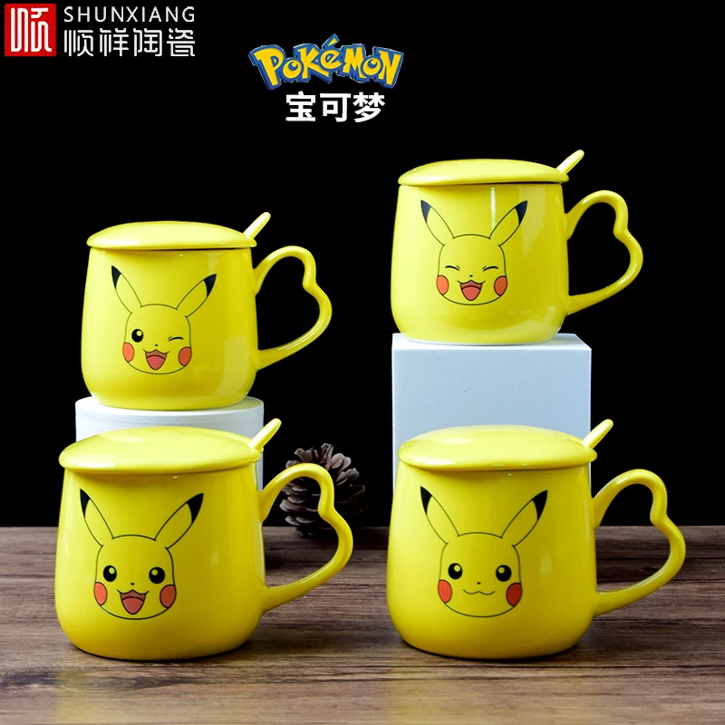 

Pokemon mug with spoon lid cartoon cute Pikachu mug men and women home office coffee cup anti-scald