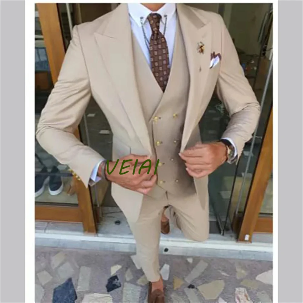 Men Suit Jacket Vest Pants Three Piece White Tuxedo Single Breasted Prom Blazer Slim Fit Hombre Costume Homme High Quality